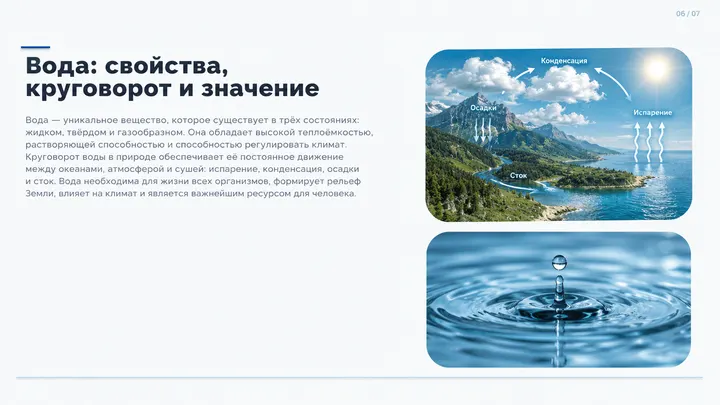 Пример слайда: Вода_ свойства и круговорот